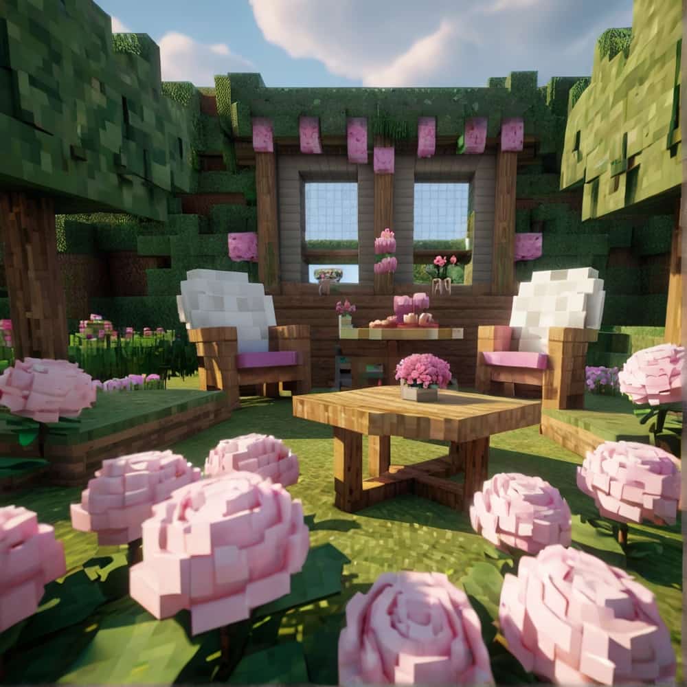     cute minecraft garden with pink and white peonies complete with a tiny table and chairs 2 