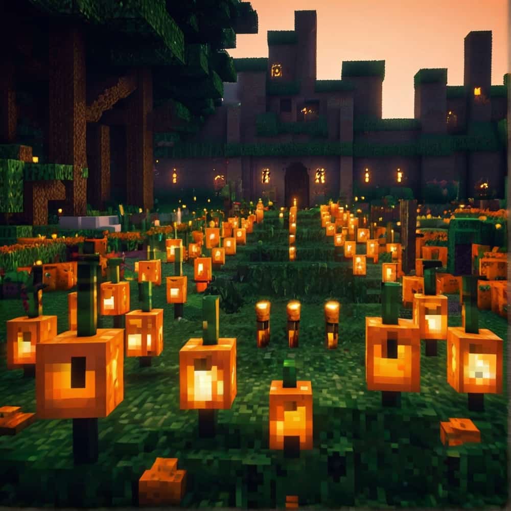      cute minecraft garden with plant rows of pumpkins and surround them with torches for a festive vibe 2