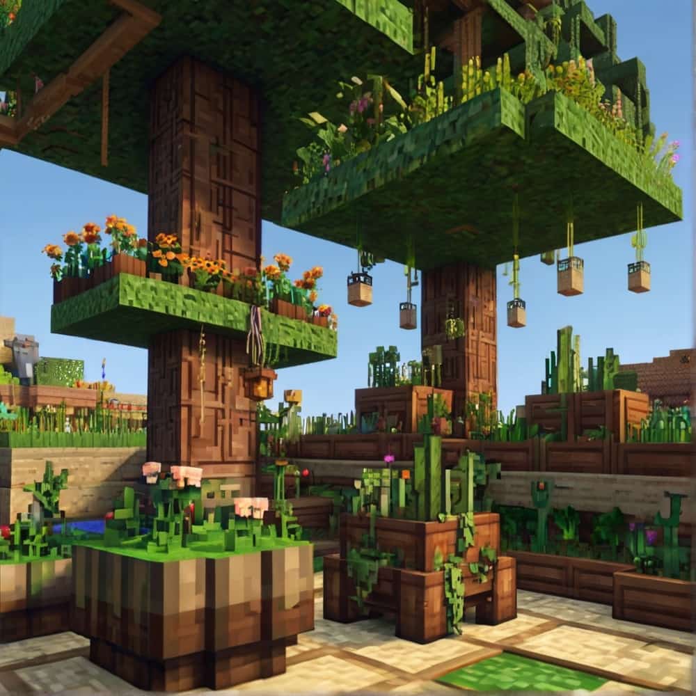 cute minecraft garden witha series of wooden platforms 0