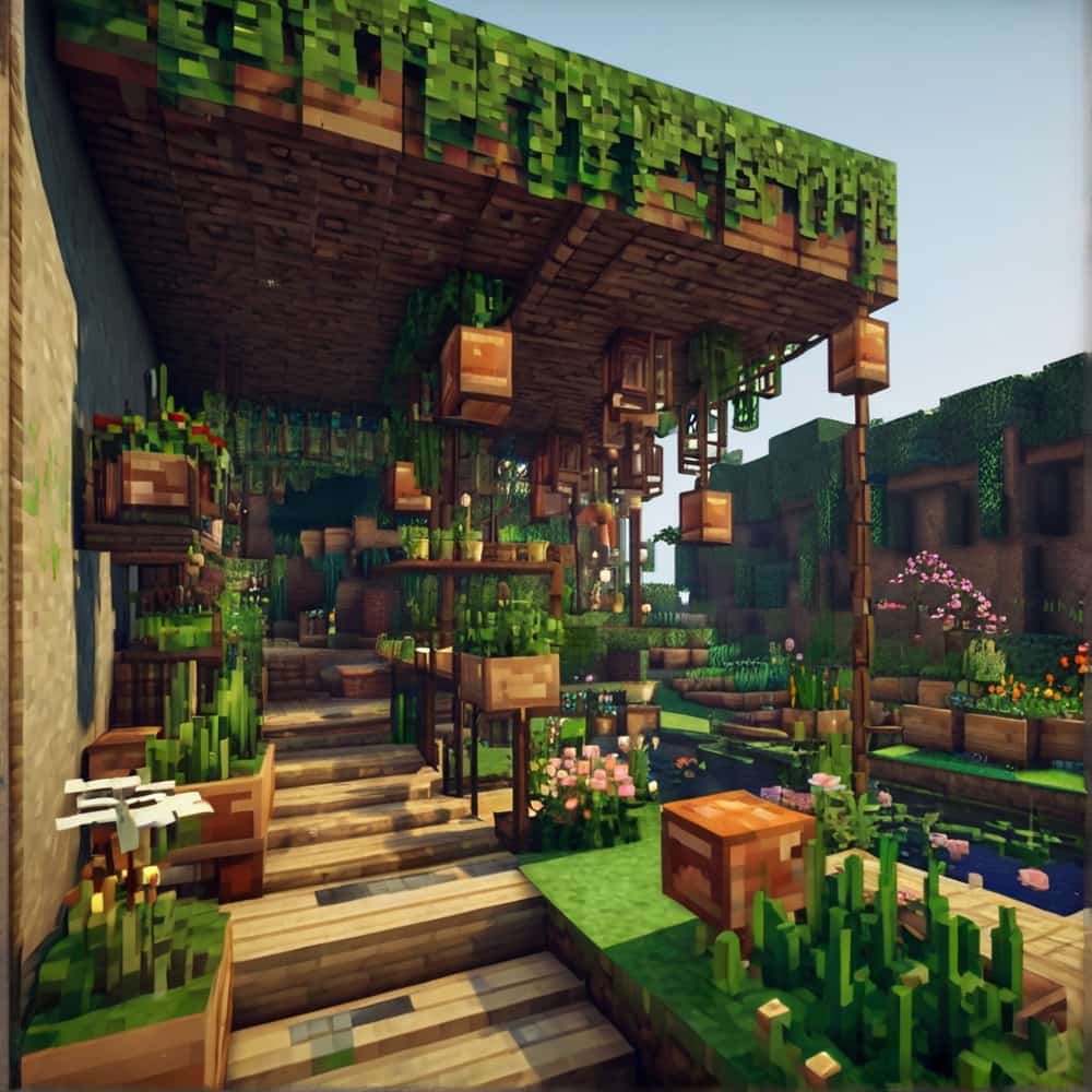 cute minecraft garden witha series of wooden platforms 1 