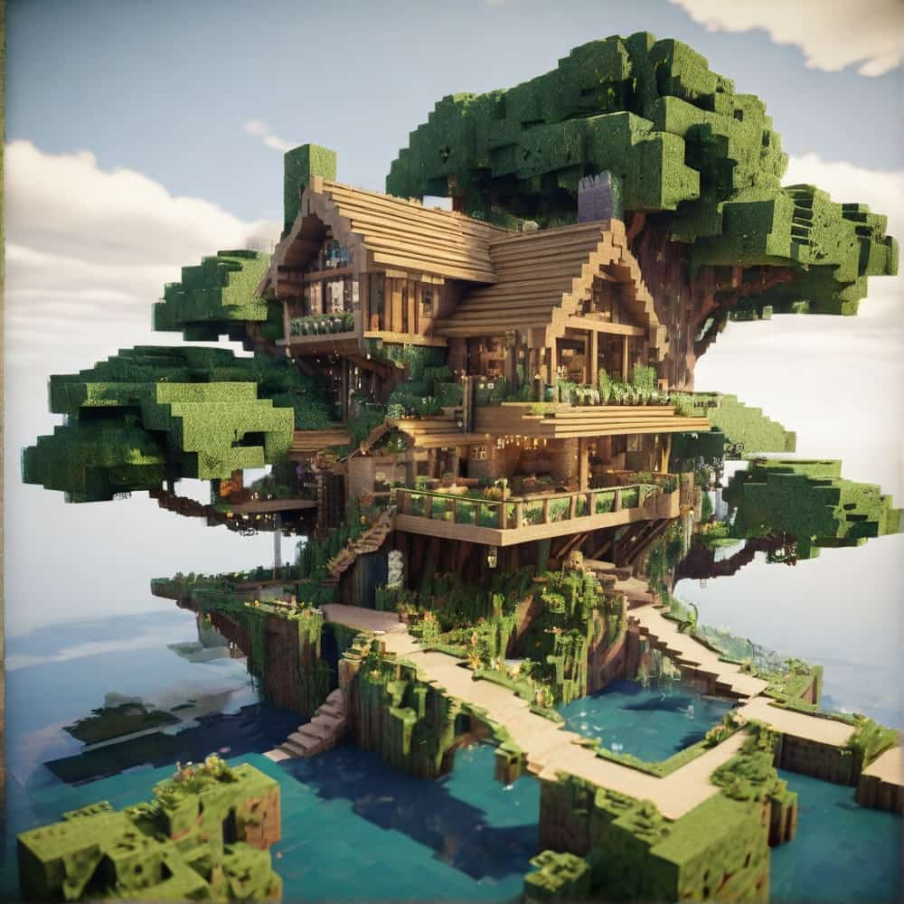 cute minecraft house with a home high in the branches using jungle wood and leaves 2