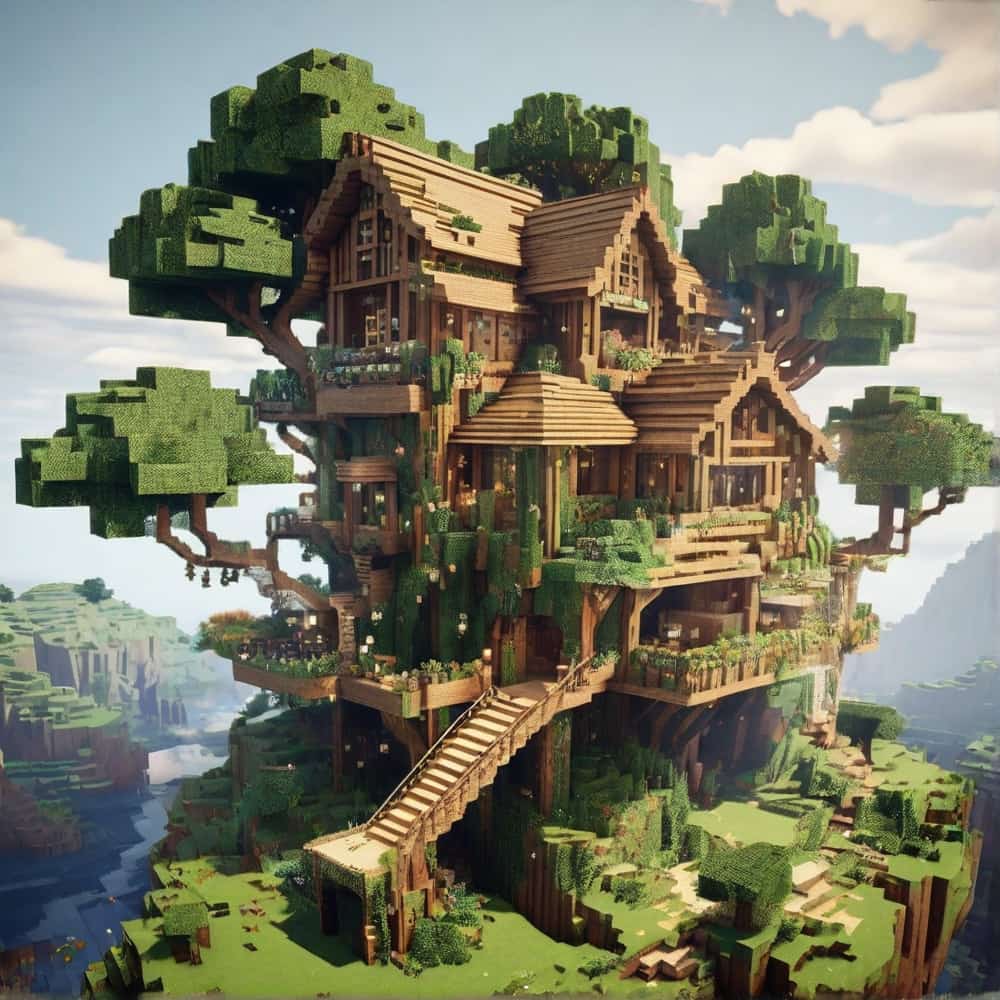 cute minecraft house with a home high in the branches using jungle wood and leaves 4