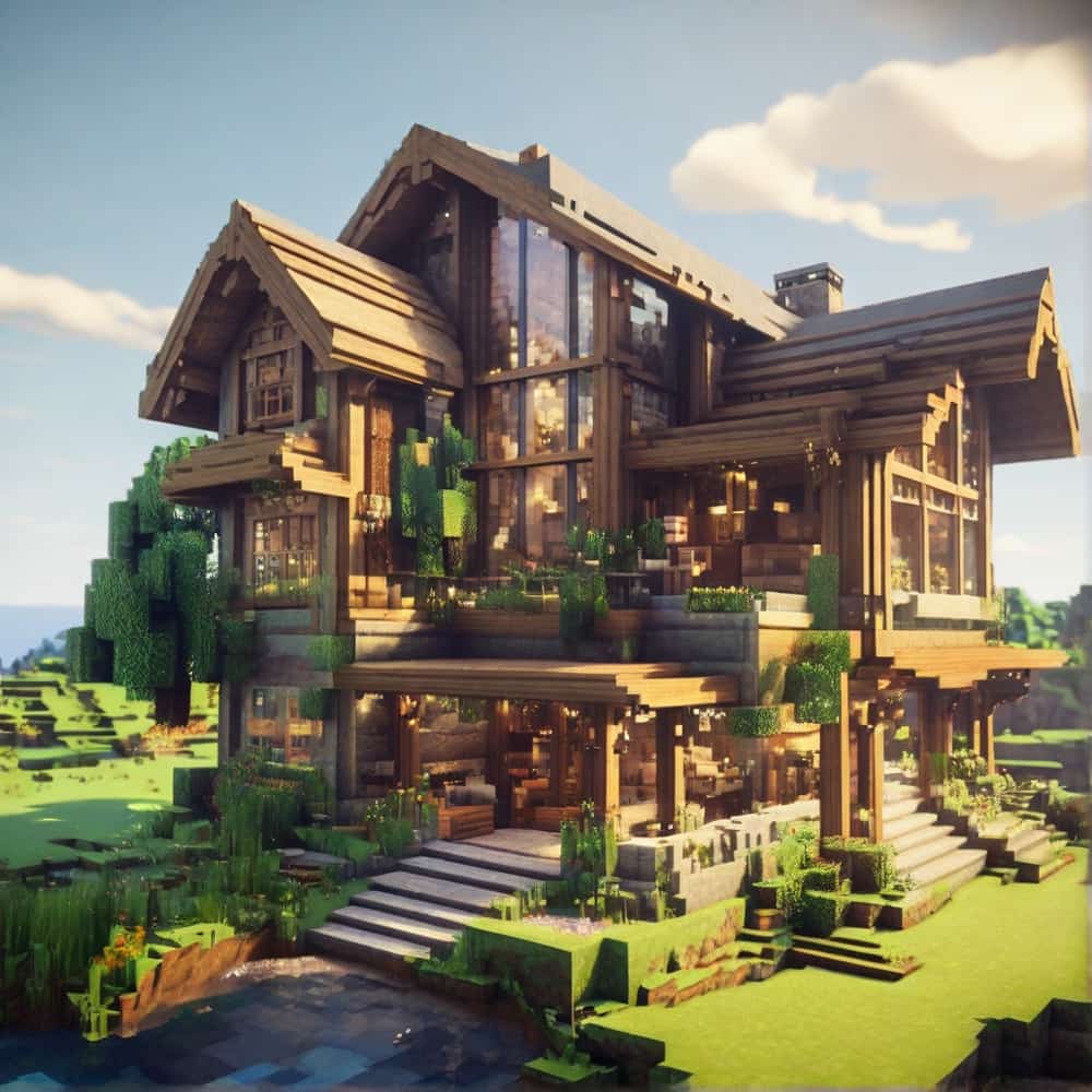 cute minecraft house with rustic charm by building a house with clean lines and large glass panels 1