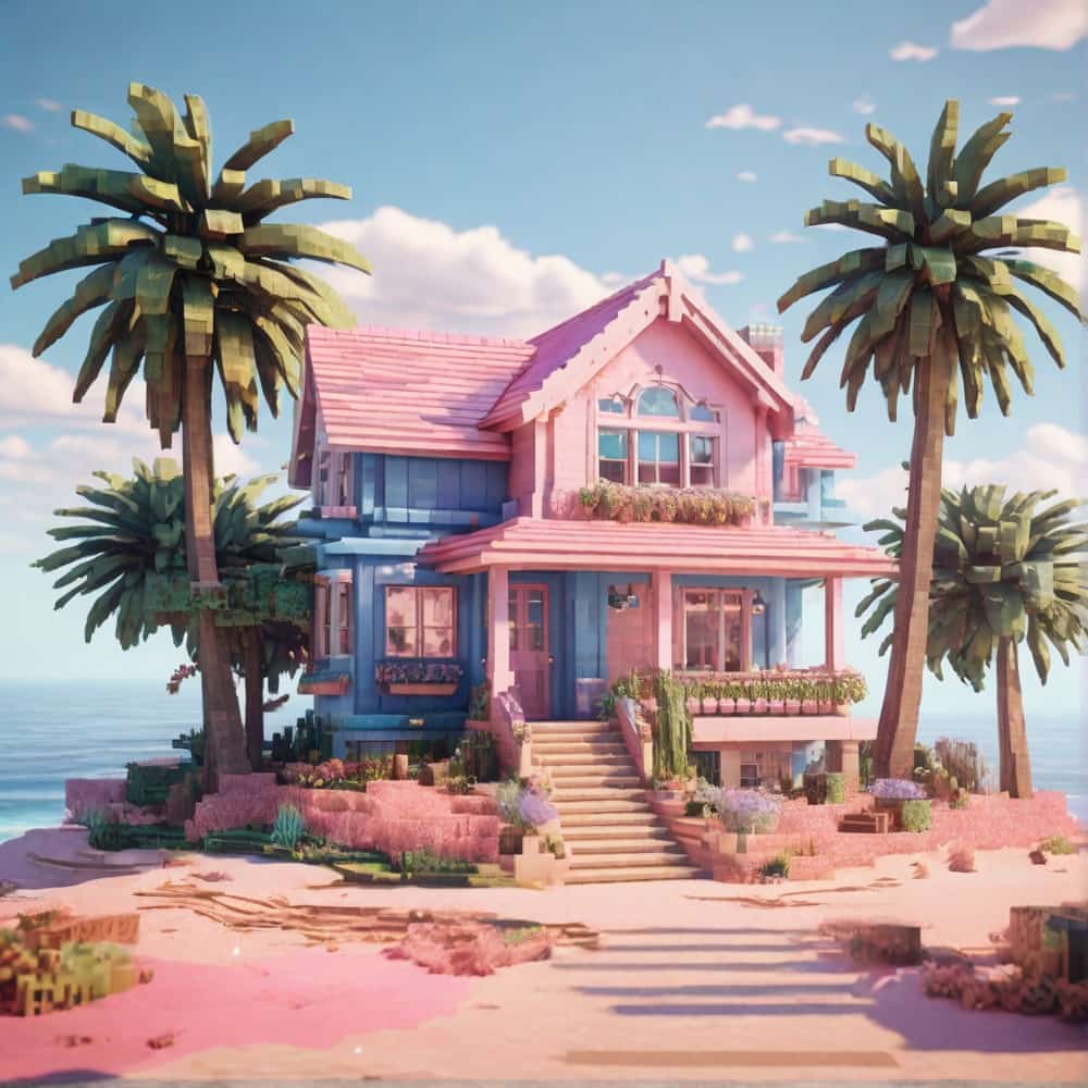 cute pink and blue minecraft house with a charming beachfront property with pink sandy walls and faded blue shutters