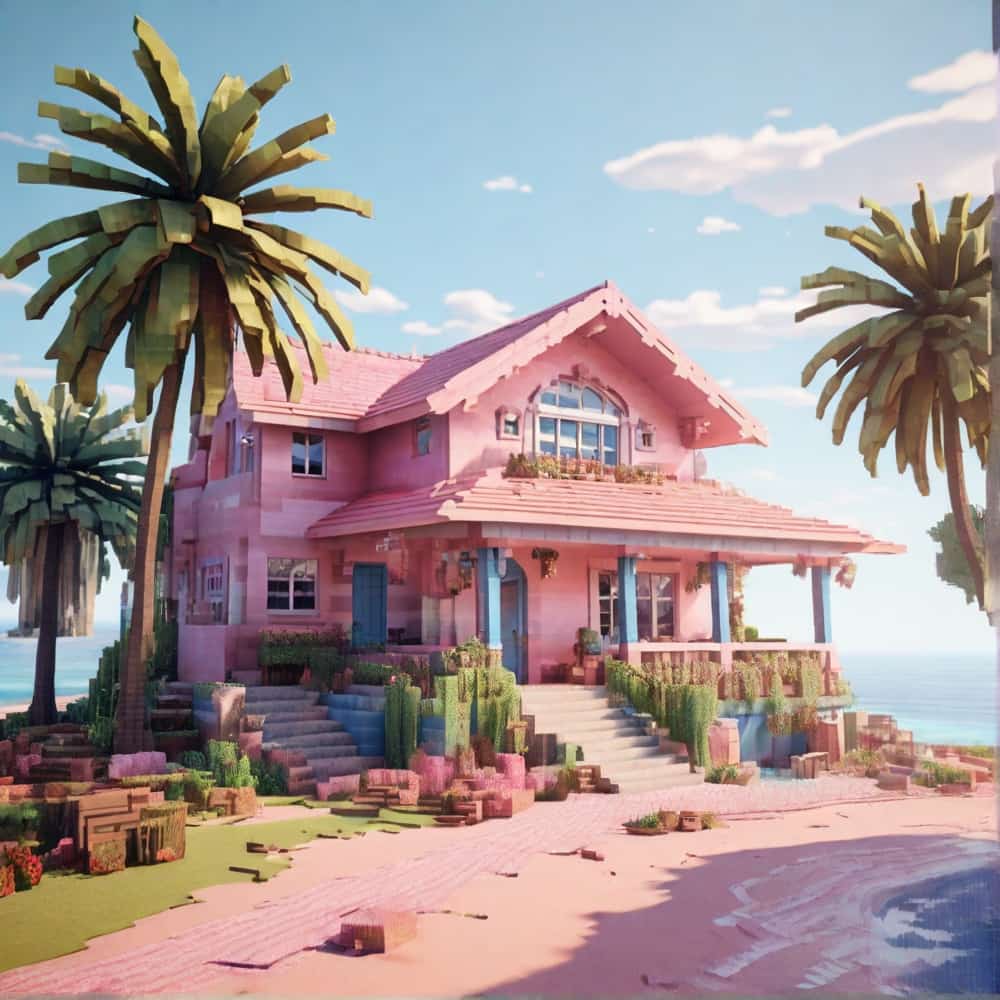 cute pink and blue minecraft house with a charming beachfront property with pink sandy walls and faded blue shutters 2 