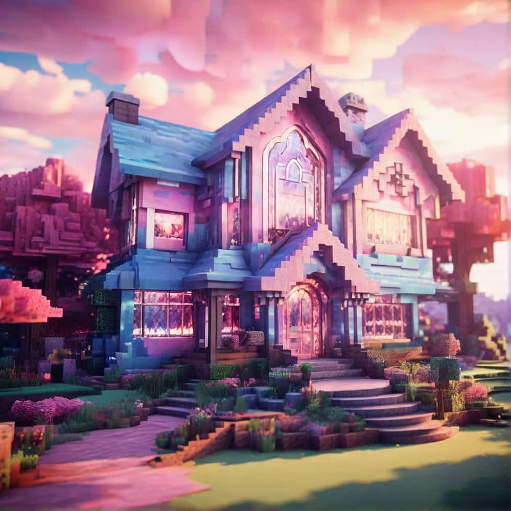 cute pink and blue minecraft house with a mix of stained glass featuring swirling patterns of blues and pinks 1