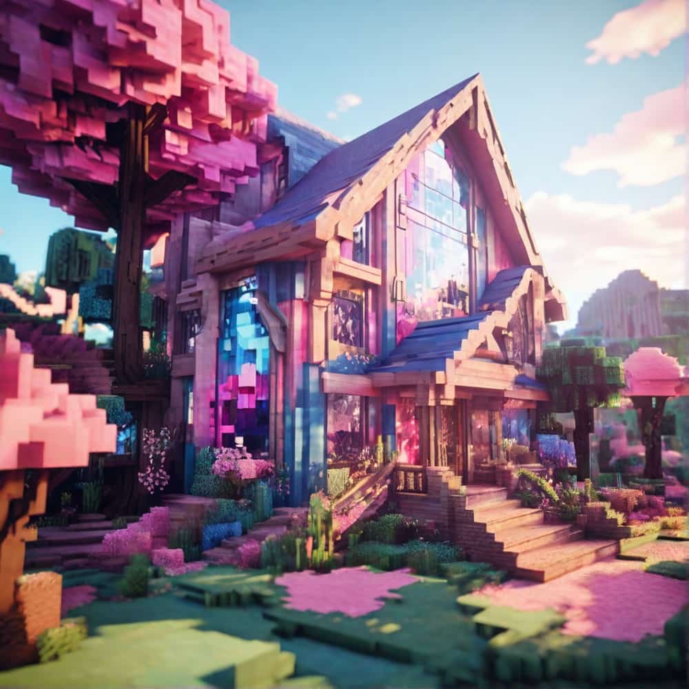 cute pink and blue minecraft house with a mix of stained glass featuring swirling patterns of blues and pinks 2