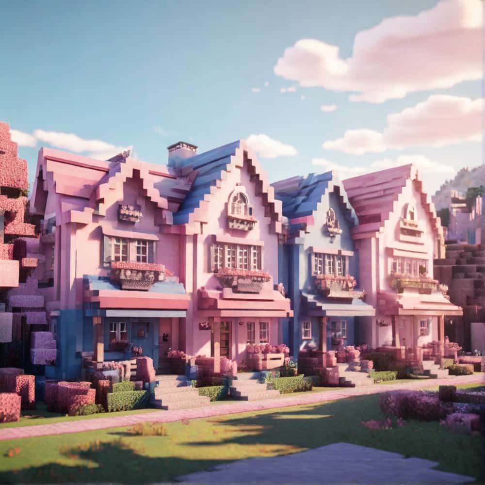 cute pink and blue minecraft house with a row of townhouses in alternating shades of pink and blue 1