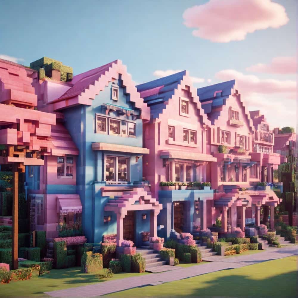 cute pink and blue minecraft house with a row of townhouses in alternating shades of pink and blue 2