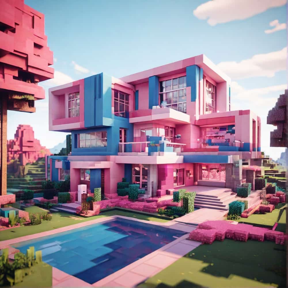 cute pink and blue minecraft house with a sleek modern design using sharp geometric lines in bold pinks and blues 1