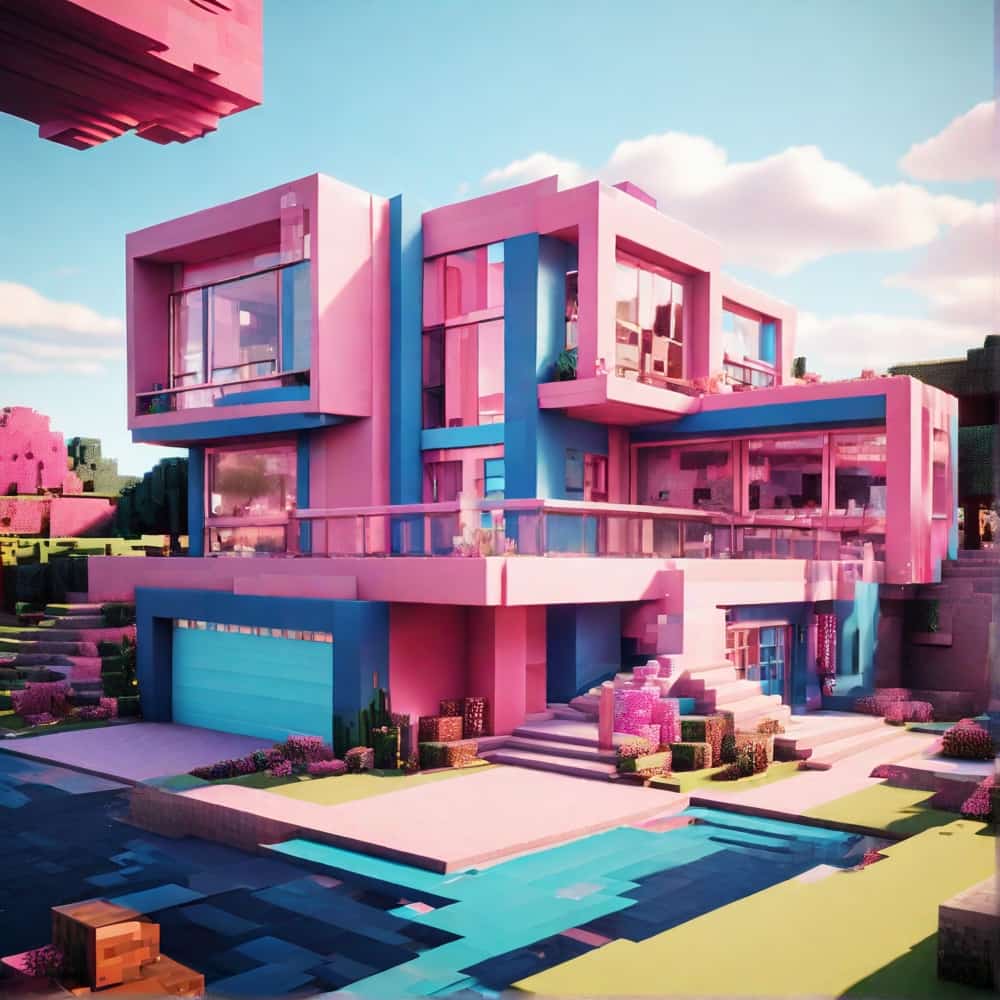 cute pink and blue minecraft house with a sleek modern design using sharp geometric lines in bold pinks and blues 2