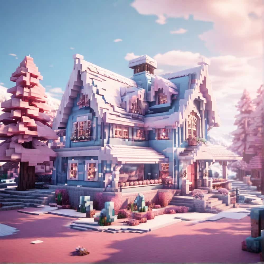 cute pink and blue minecraft house with a snowy abode with ice blue walls and soft pink decorations 1