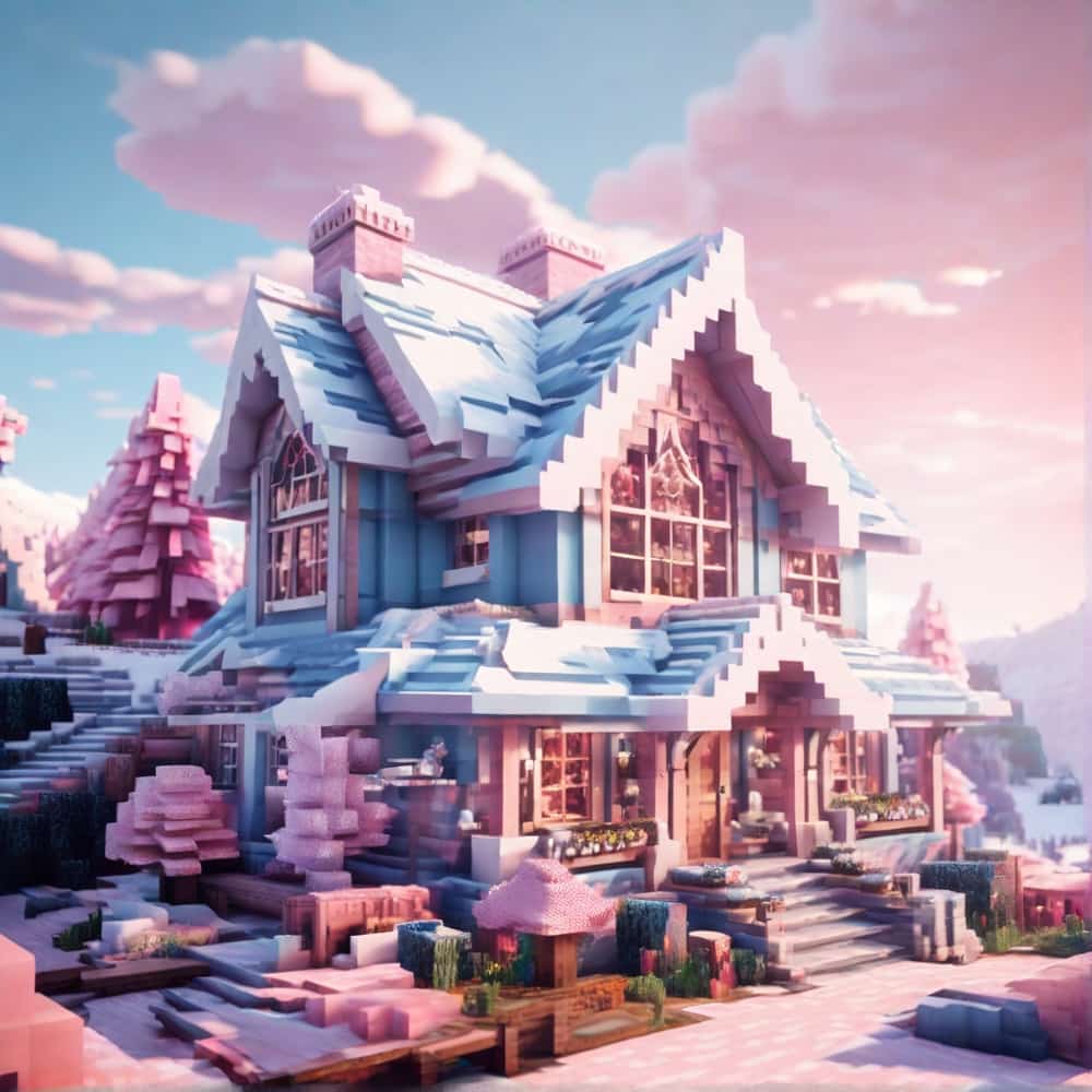 cute pink and blue minecraft house with a snowy abode with ice blue walls and soft pink decorations 2