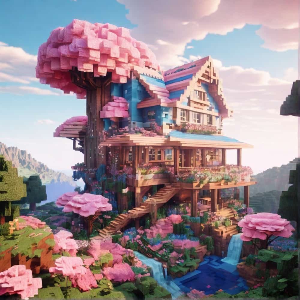     cute pink and blue minecraft house with a towering treehouse wrapped in blossoming pink and blue flowers 1 