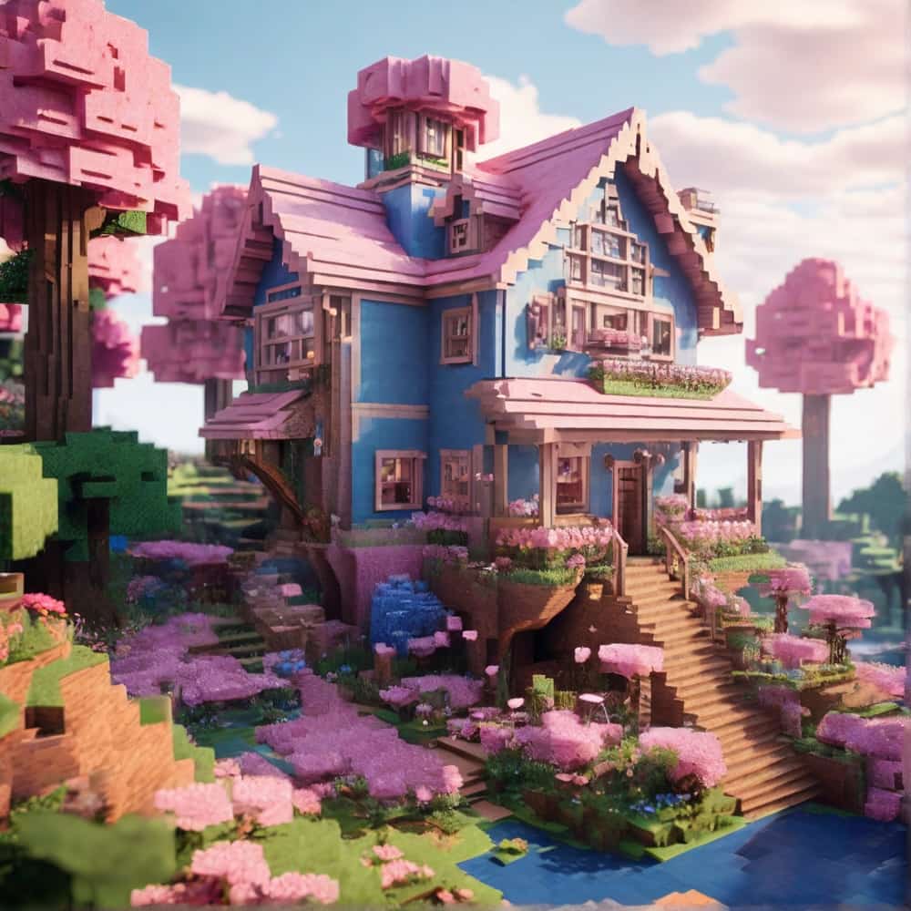     cute pink and blue minecraft house with a towering treehouse wrapped in blossoming pink and blue flowers 2 