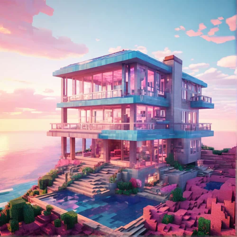 cute pink and blue minecraft house with an elevated glass house with stunning ocean views 1 