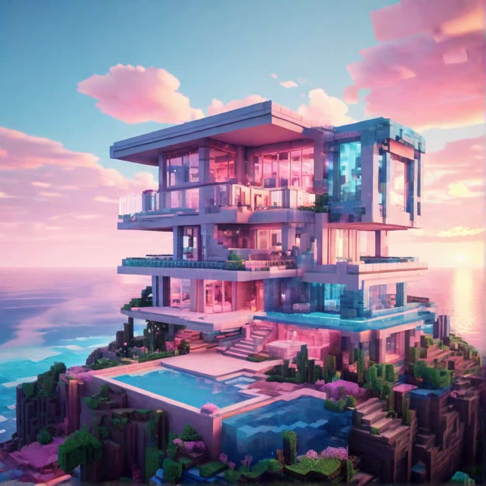 cute pink and blue minecraft house with an elevated glass house with stunning ocean views 2