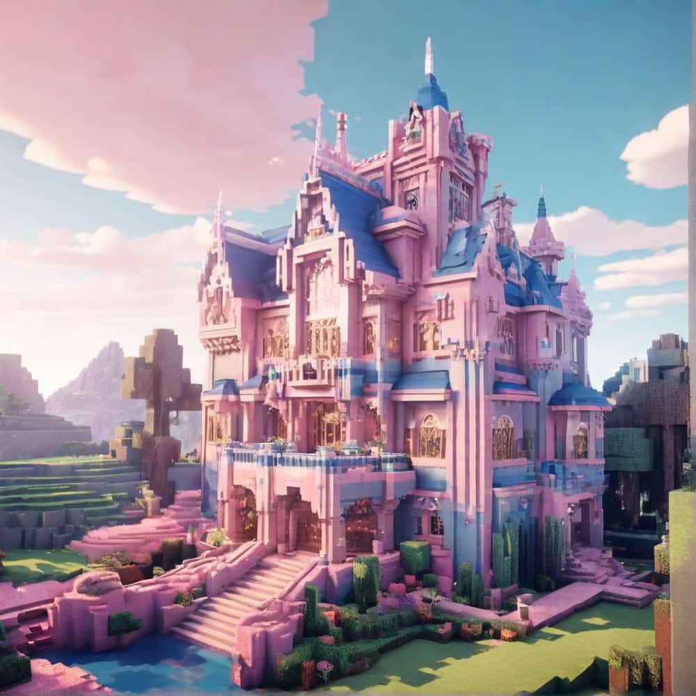 cute pink and blue minecraft house with majestic castle 1