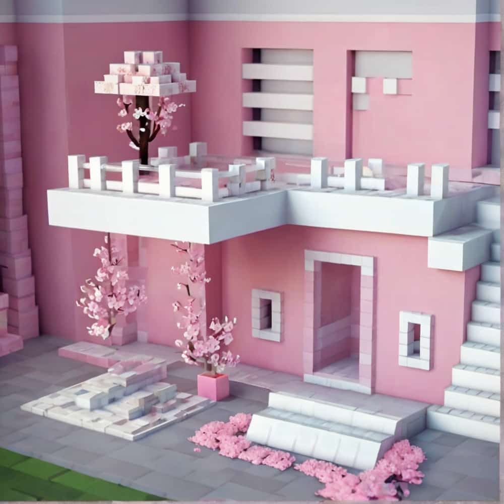 cute pink minecraft bedroom with a mix of light pink walls with cherry blossom