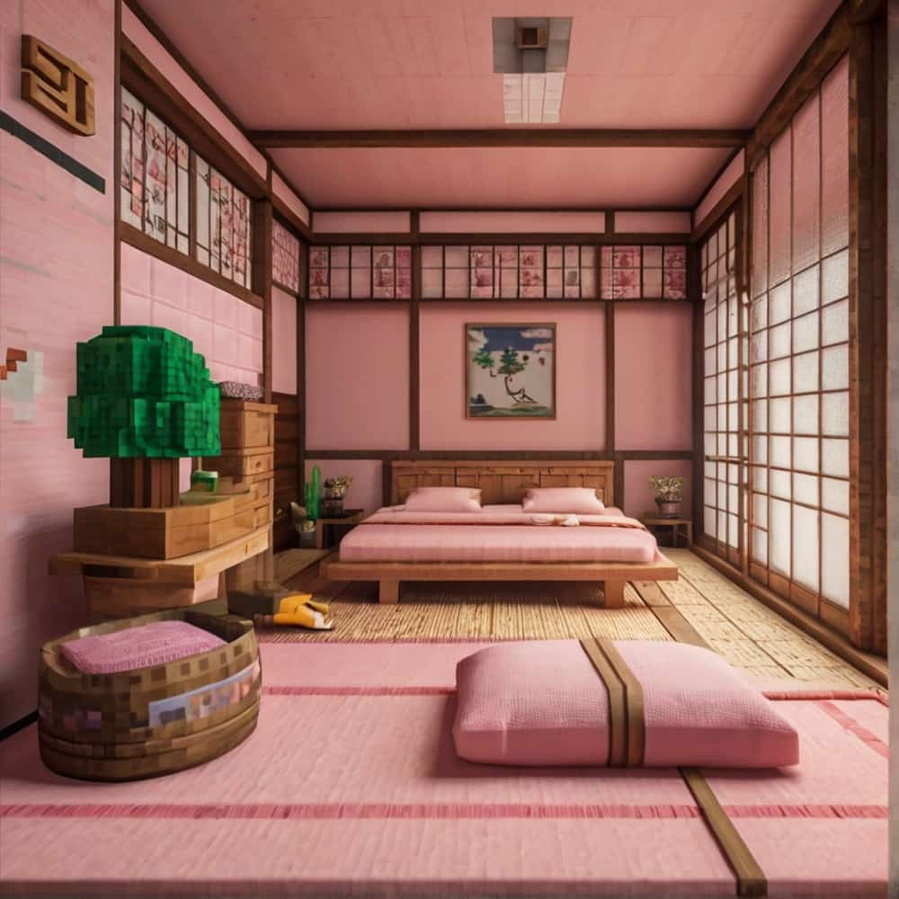 cute pink minecraft bedroom with a peaceful traditional Japanese bedroom with pale pink walls 