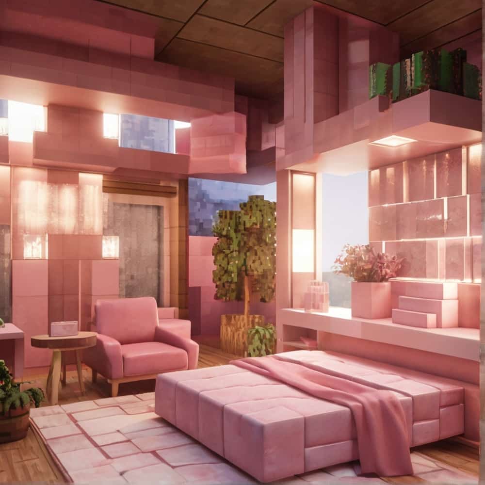 cute pink minecraft bedroom with different shades of pink quartz blocks 