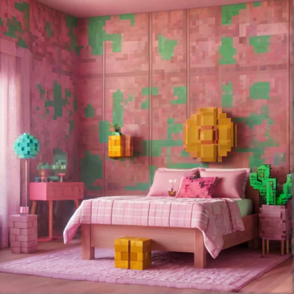 cute pink minecraft bedroom with vintage pink wallpaper 