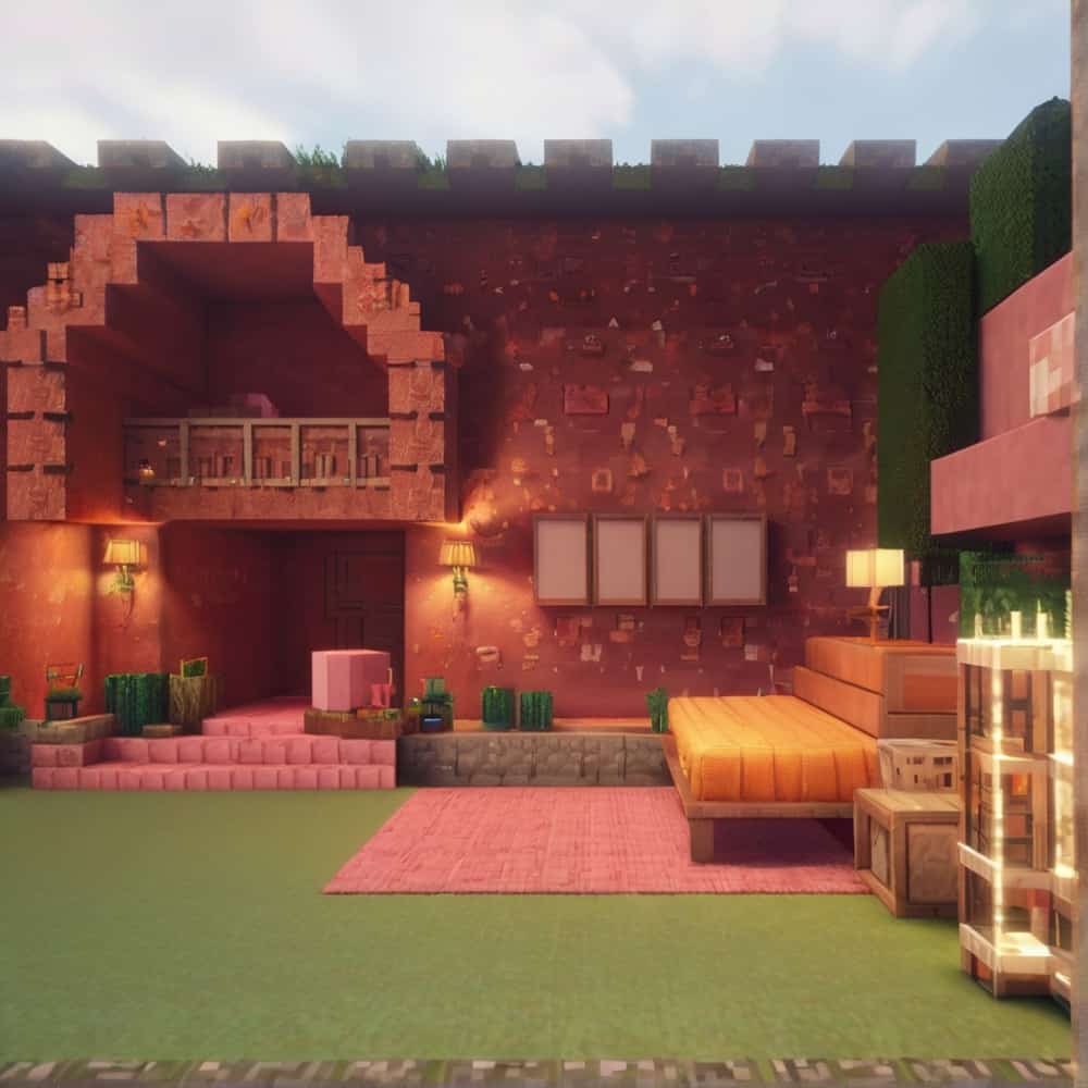 cute pink minecraft bedroom with walls and floors crafted from pink wool 