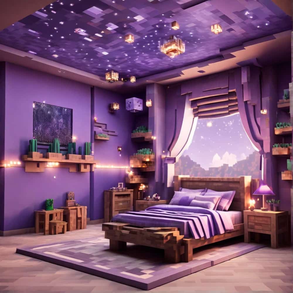 minecraft bedroom with a ceiling with twinkling end rods to mimic stars 