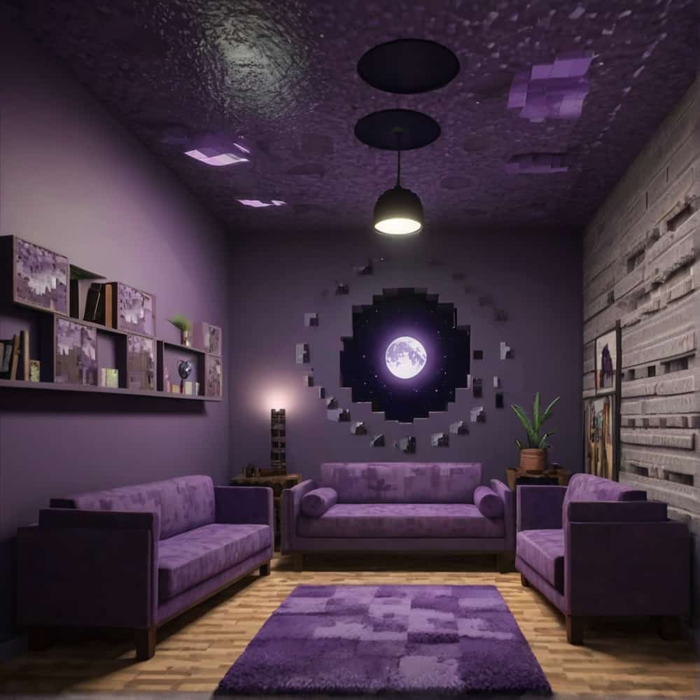 minecraft bedroom with a moon phase mural on the ceiling using different shades of purple 