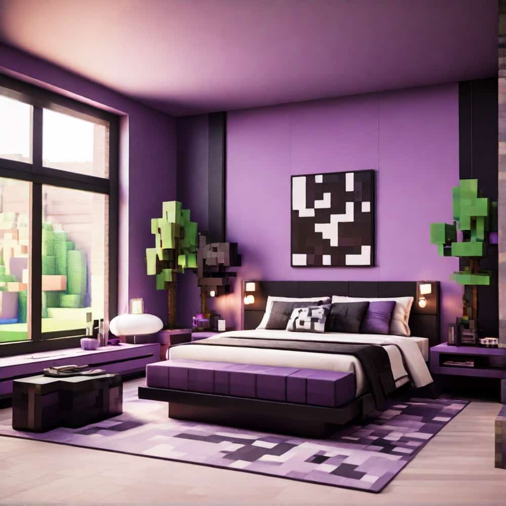 minecraft bedroom with a sleek purple and black furniture 