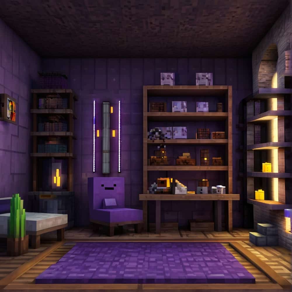         minecraft bedroom with purple bookshelves a brewing st 0 