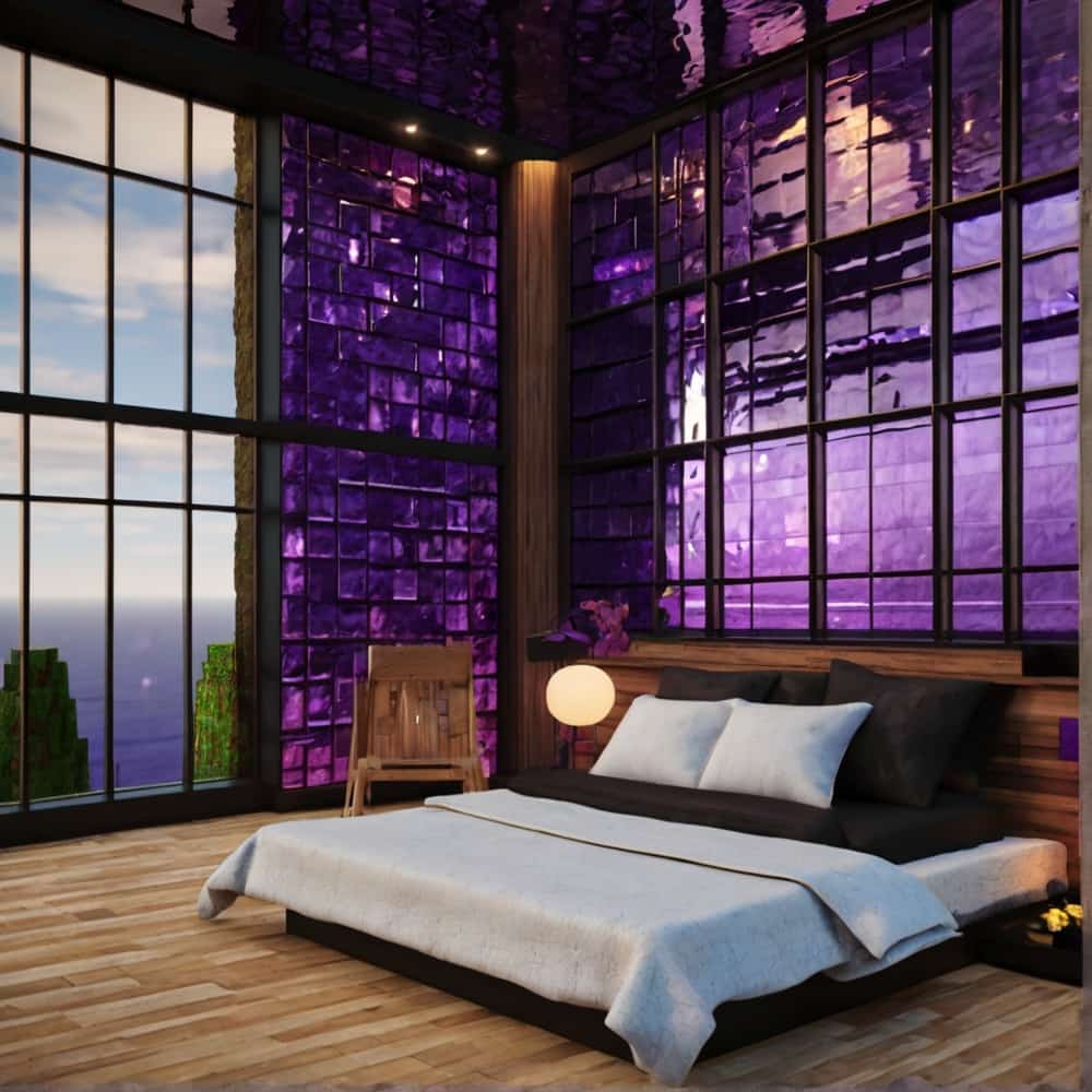 minecraft bedroom with walls from purple stained glass 0 