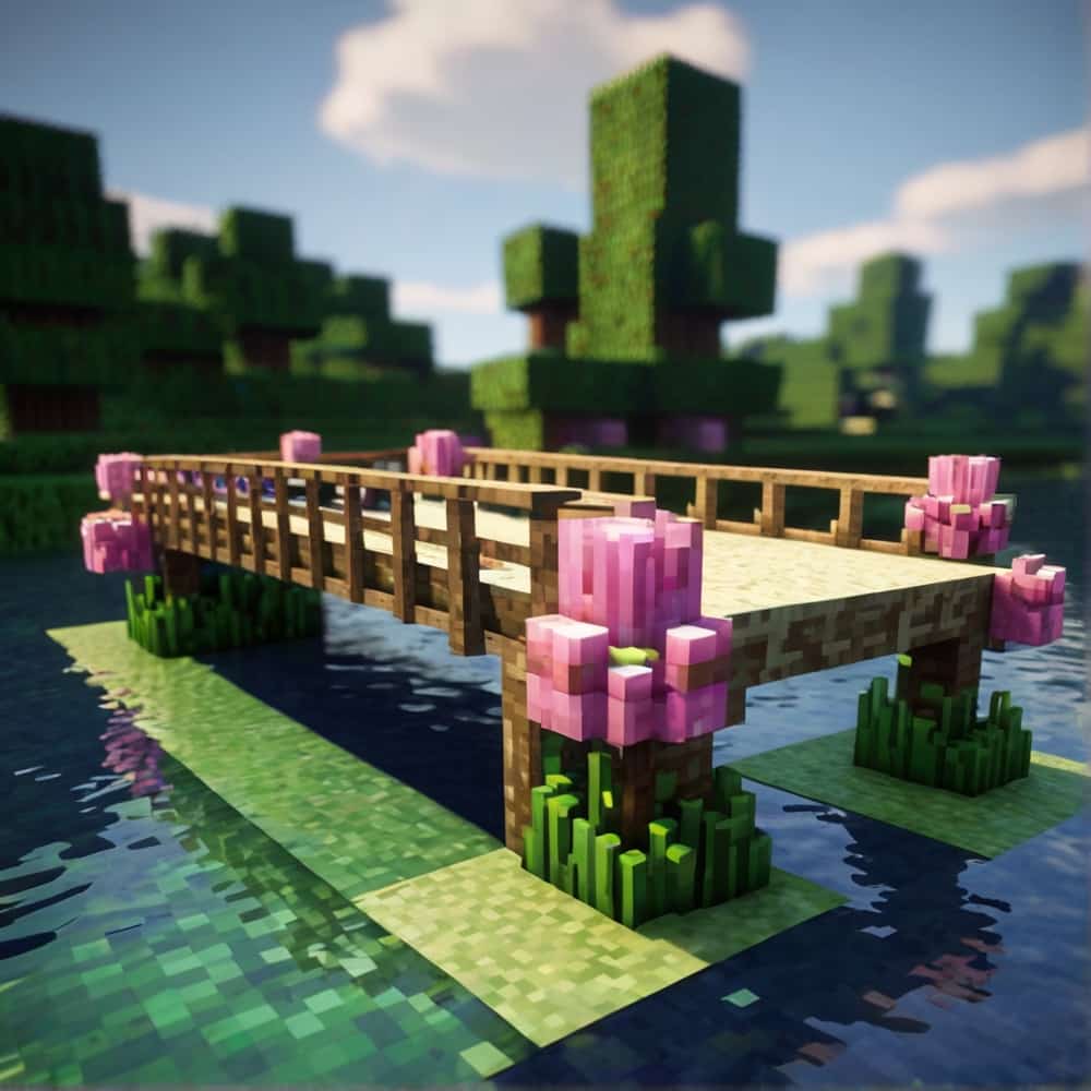 minecraft bridge ideas with a bridge that appears to be made of floating water lilies 