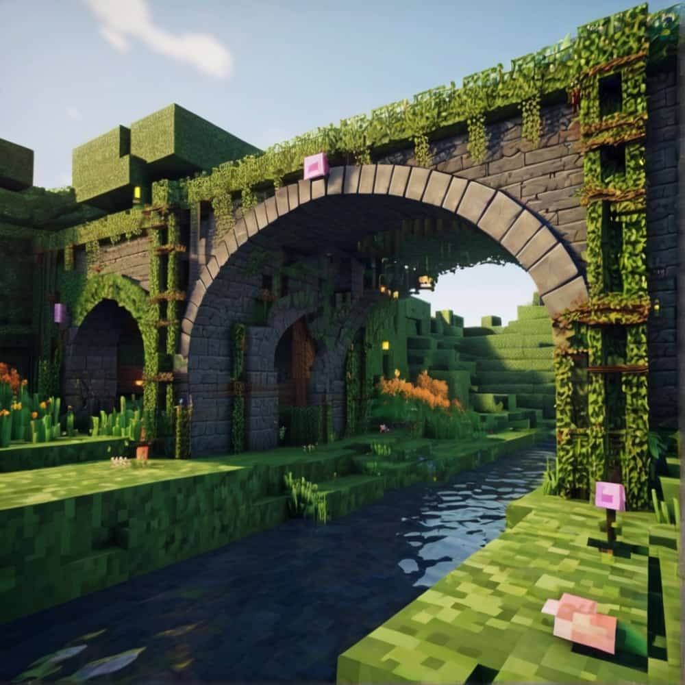 minecraft bridge ideas with a stone arch bridge overgrown with vines 2 