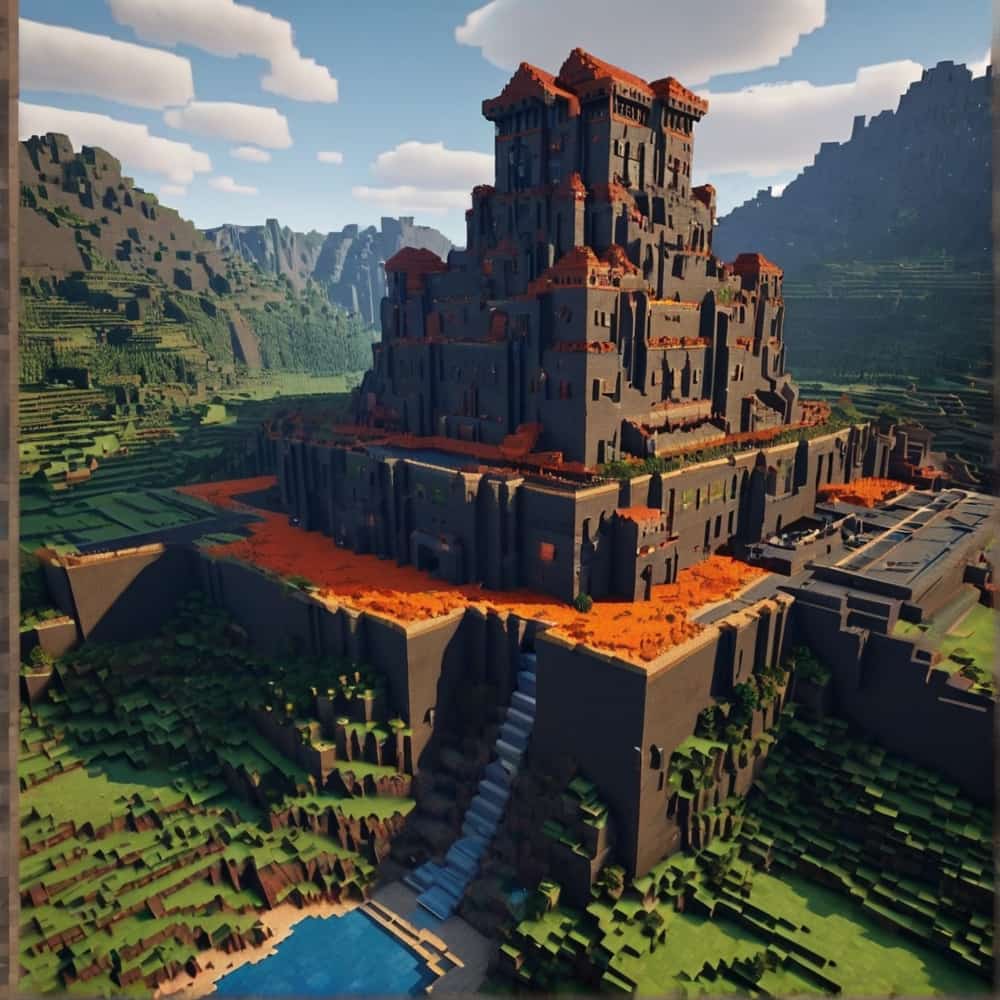 minecraft building ideas with a castle built on the side of volcano 2