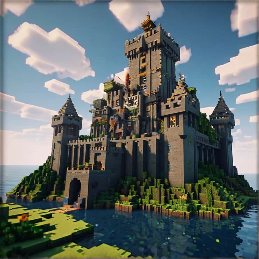 minecraft building ideas with a massive stone castle on a small island 2 