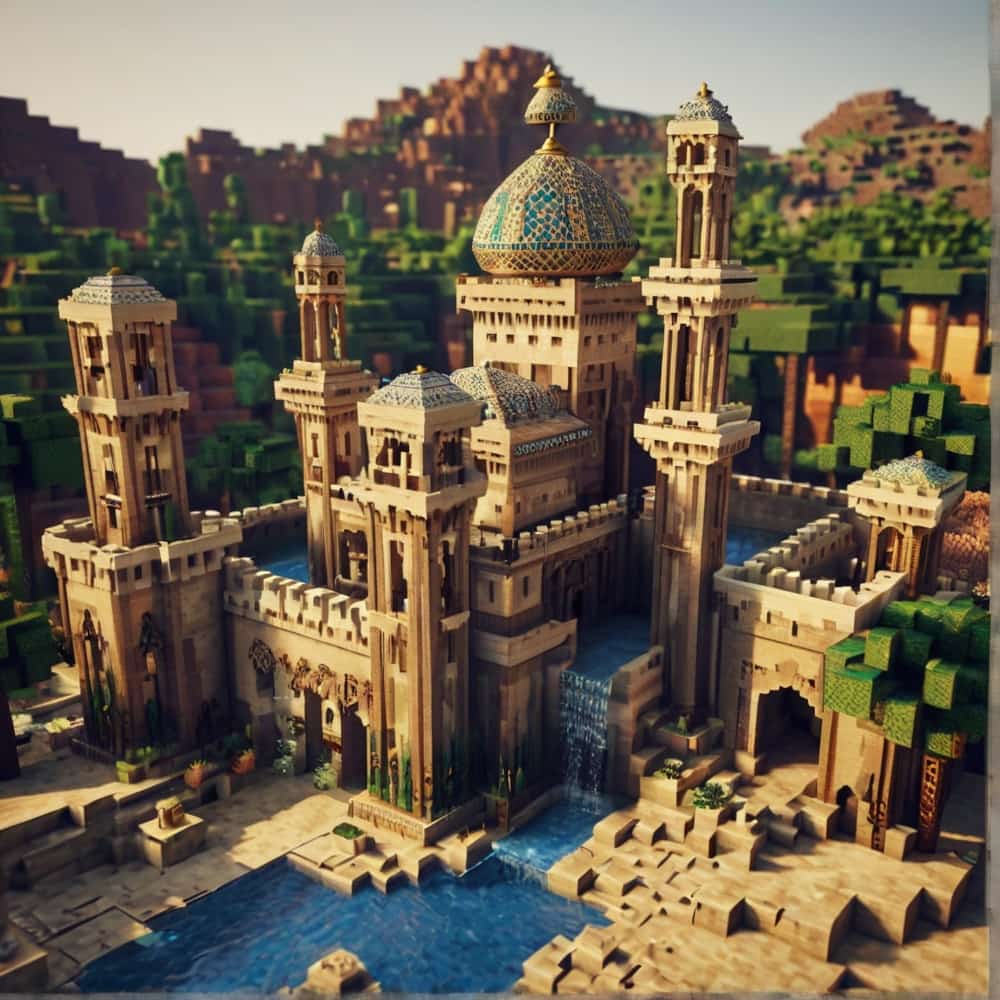 minecraft building ideas with a sandstone castle with intricate Arabic or Moroccan patterns 1