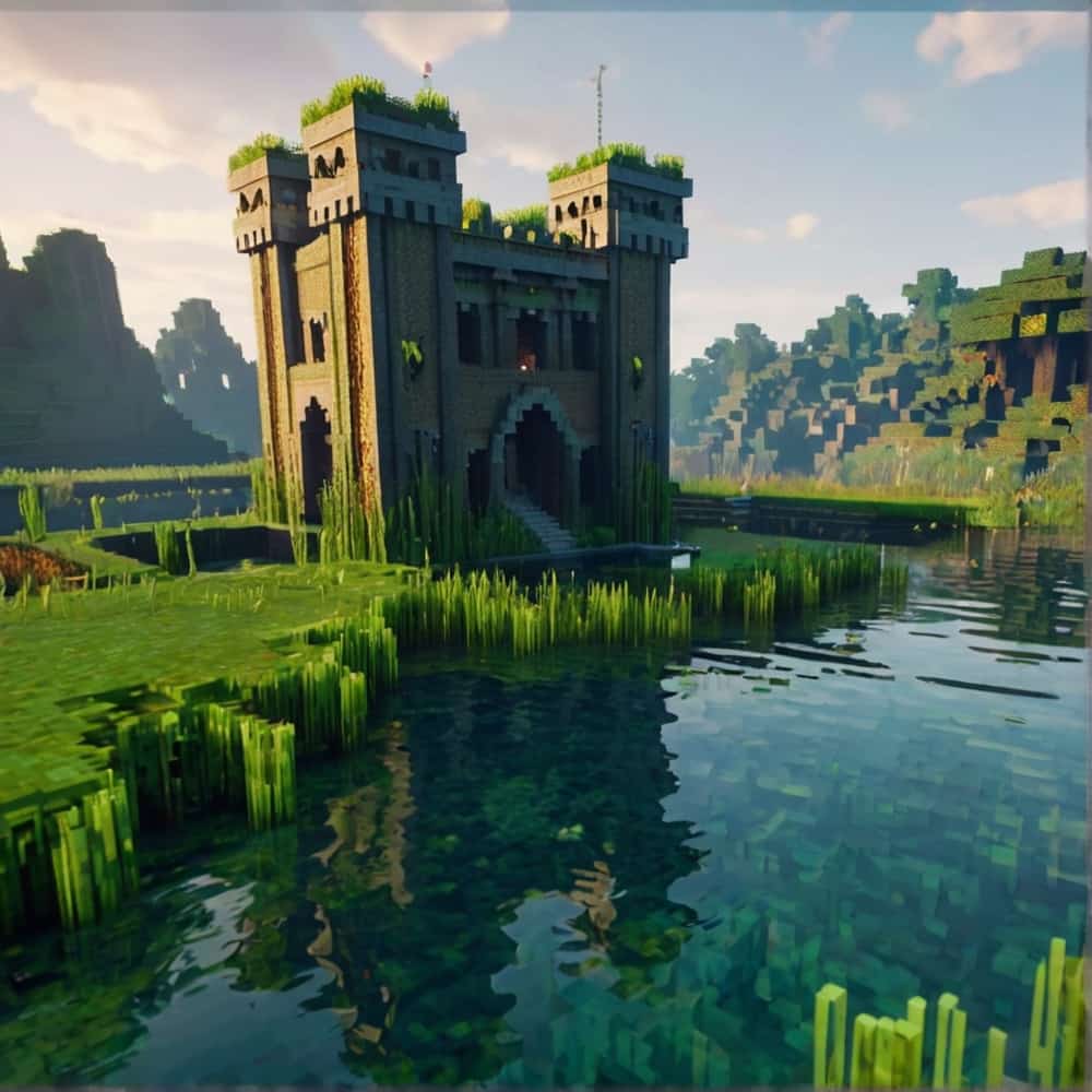 minecraft building ideas with partially submerged castle in a swamp  