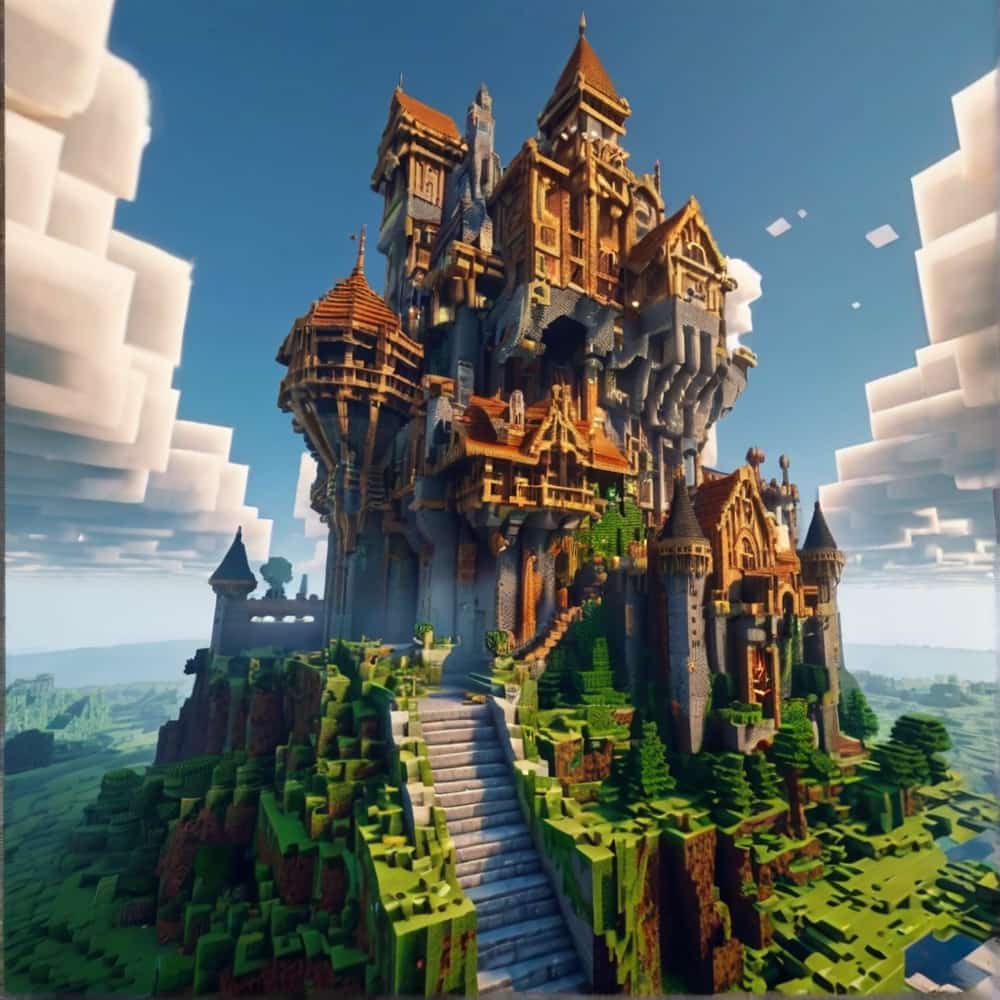 minecraft castle ideas in the clouds accessible by a dramatic beanstalk or a winding staircase