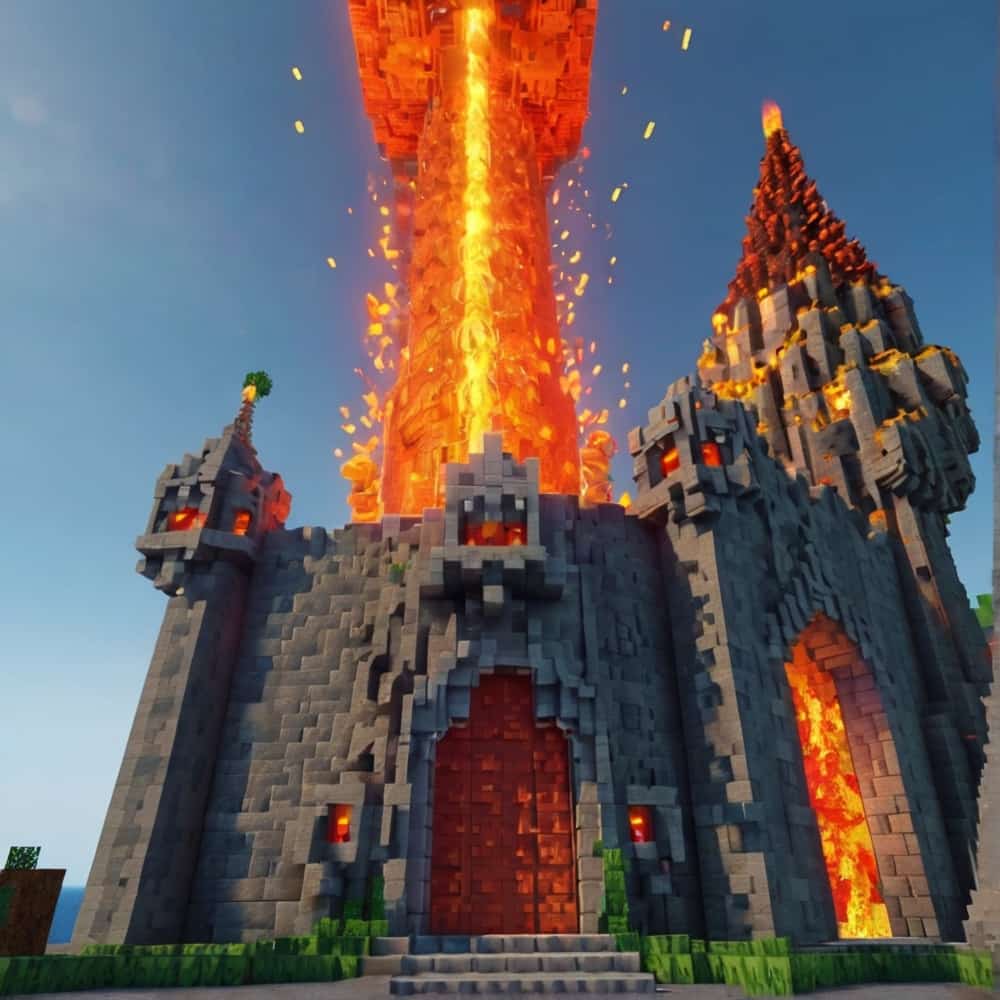         minecraft castle ideas with a fortress and dragontheme towers and walls adorned with dragon heads and lava 1