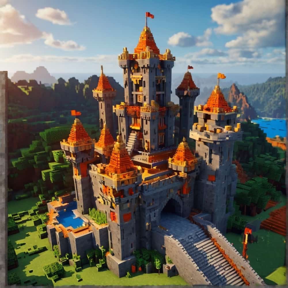         minecraft castle ideas with a fortress and dragontheme towers and walls adorned with dragon heads and lava 2 