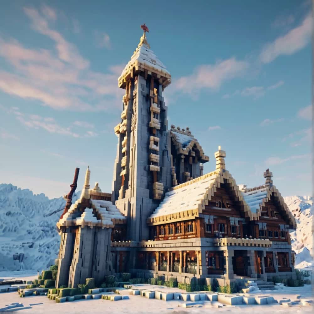 minecraft castle ideas with a sturdy nordic inspired hall surrounded by snowy tundra 2 