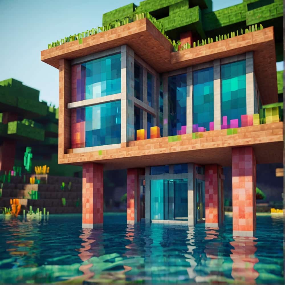 minecraft house ideas with a colorful coral reef with a glass walled bungalow 1