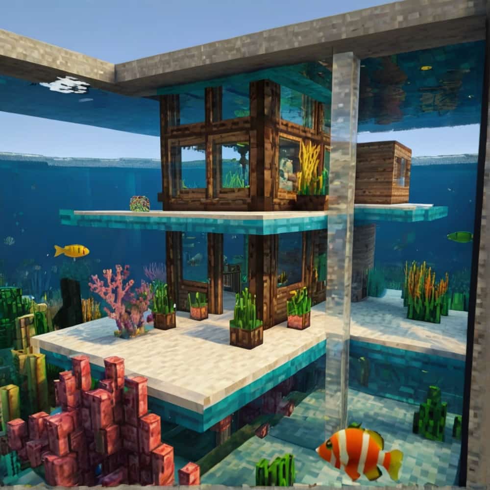 minecraft house ideas with a colorful coral reef with a glass walled bungalow 2 