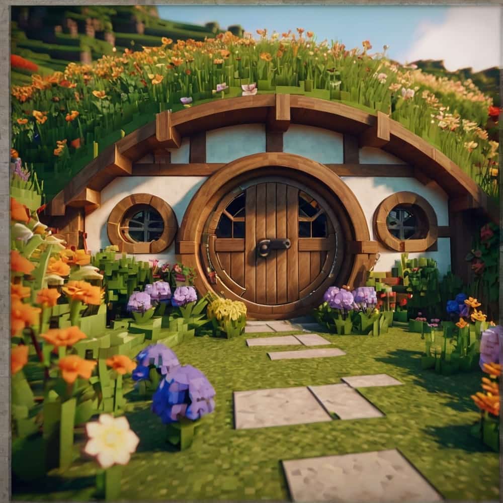         minecraft house ideas with a cozy circulardoor hobbit home surrounded by flowering gardens and rolling hills 1 