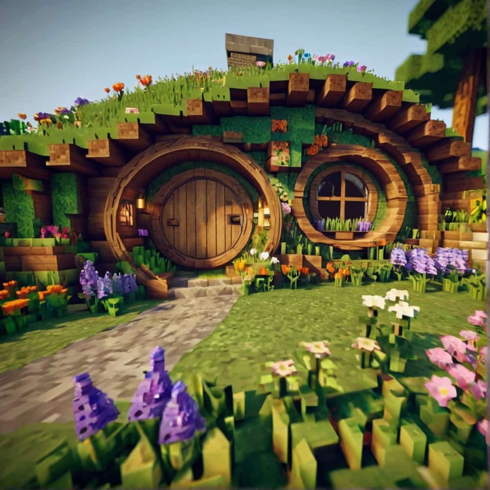         minecraft house ideas with a cozy circulardoor hobbit home surrounded by flowering gardens and rolling hills 2 