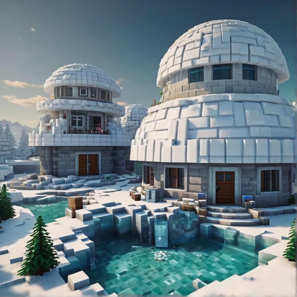 minecraft house ideas with a series of connected igloos complete with ice furniture and snow gardens 1 