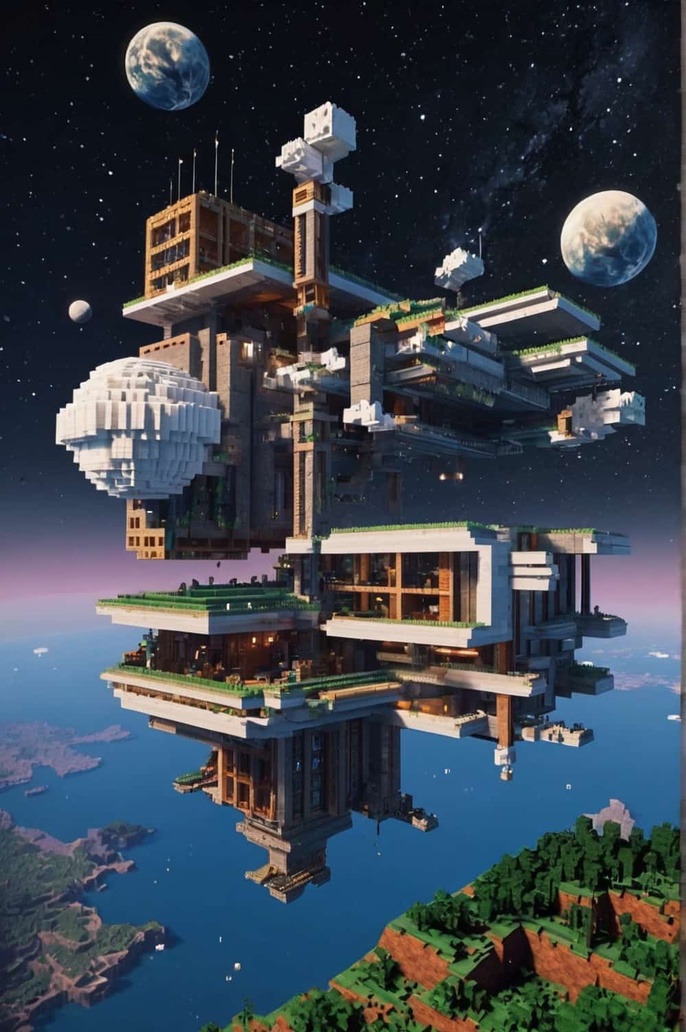 minecraft house ideas with a space station floating in 