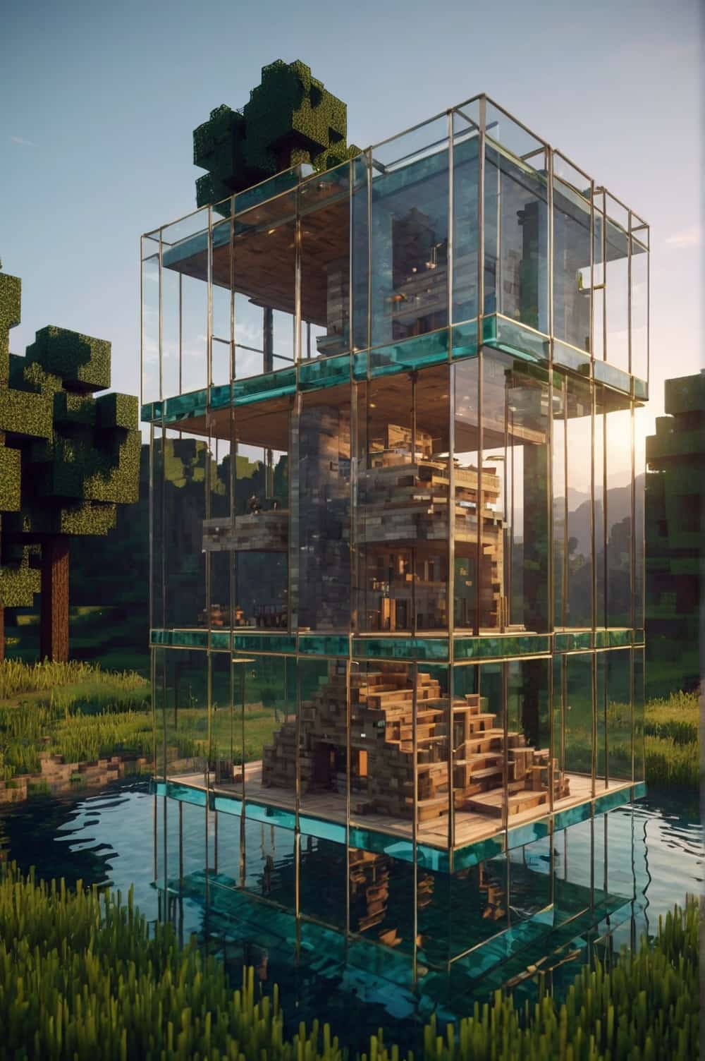 minecraft house ideas with minimalist house entirely made of glass cubes stacked together 1