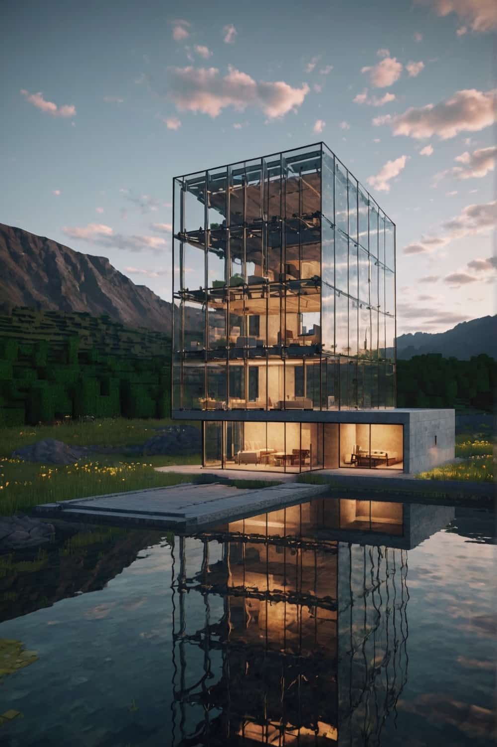 minecraft house ideas with minimalist house entirely made of glass cubes stacked together 2 